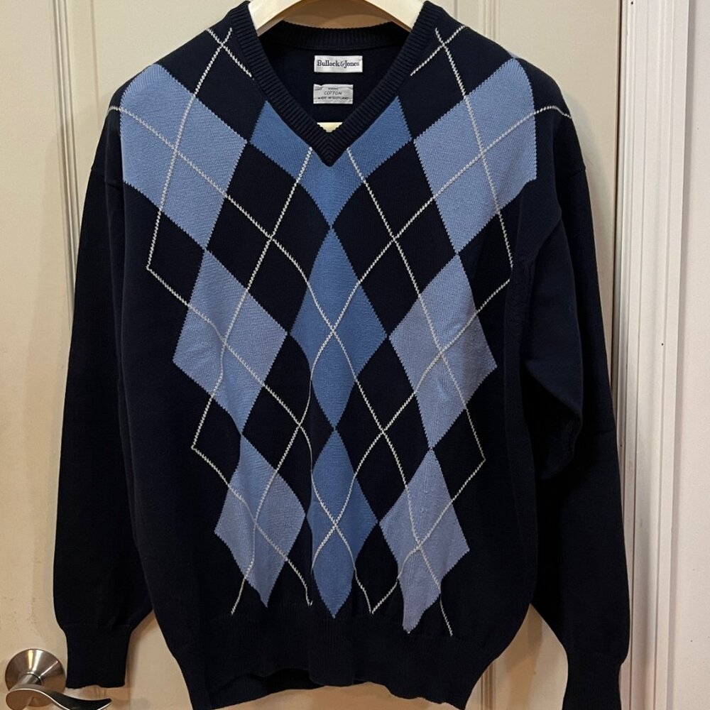 Bullock & Jones Men's Size L 100% L/S V-Neck Pullover Sweater. Blue.
